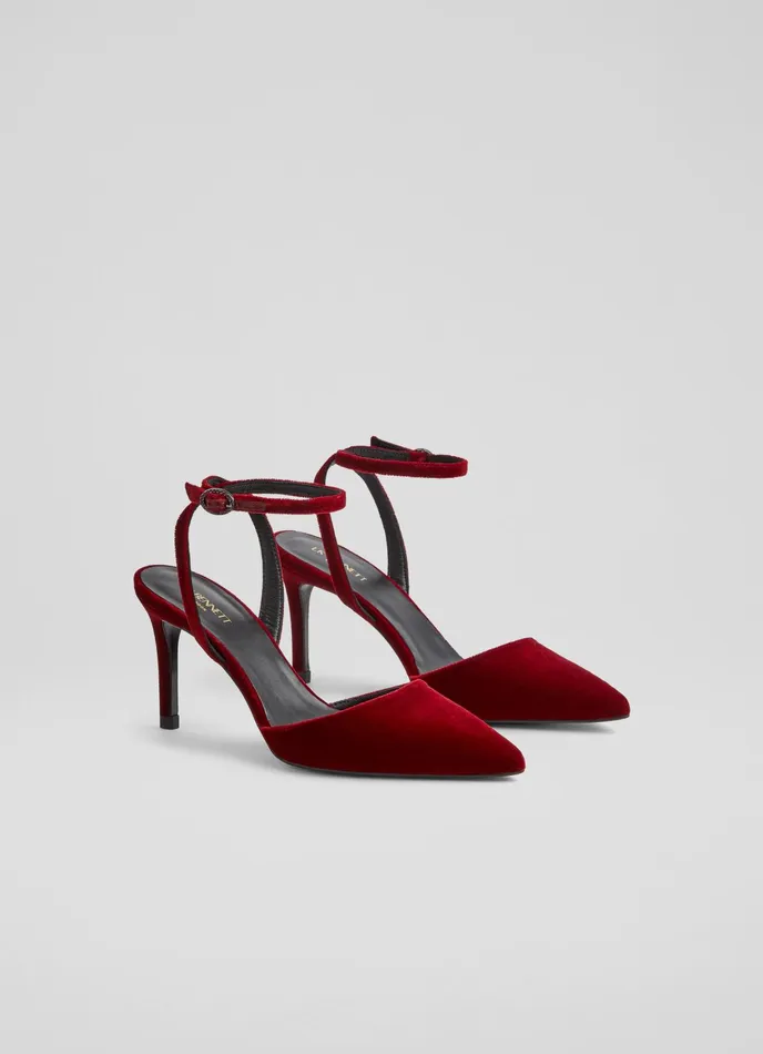LK Bennett Nova Red Velvet Ankle Strap Heels Women Court Shoes