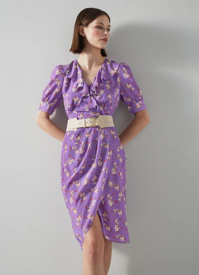 LK Bennett Ophelia Purple Cherry Blossom Print Ruffle Dress Women Dresses