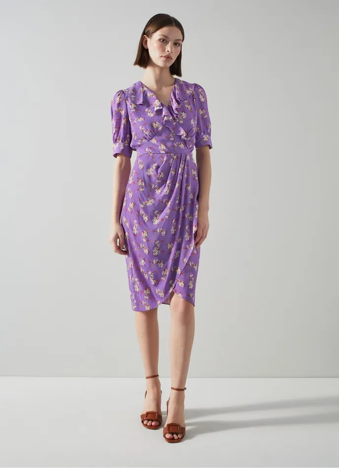 LK Bennett Ophelia Purple Cherry Blossom Print Ruffle Dress Women Dresses