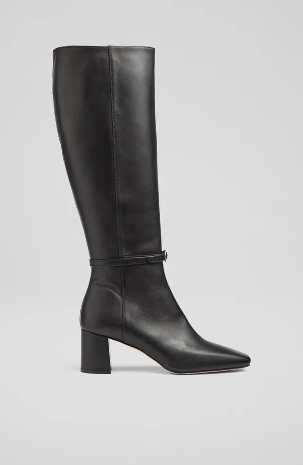 LK Bennett Sylvia Black Leather BuckleDetail KneeHigh Boots Women Boots