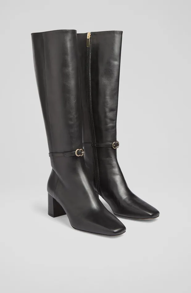 LK Bennett Sylvia Black Leather BuckleDetail KneeHigh Boots Women Boots