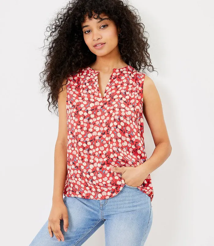 LOFT Cherry Split Neck Mixed Media Shell Fearless Red Women Tees