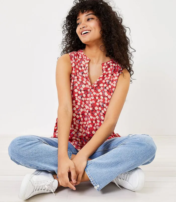 LOFT Cherry Split Neck Mixed Media Shell Fearless Red Women Tees