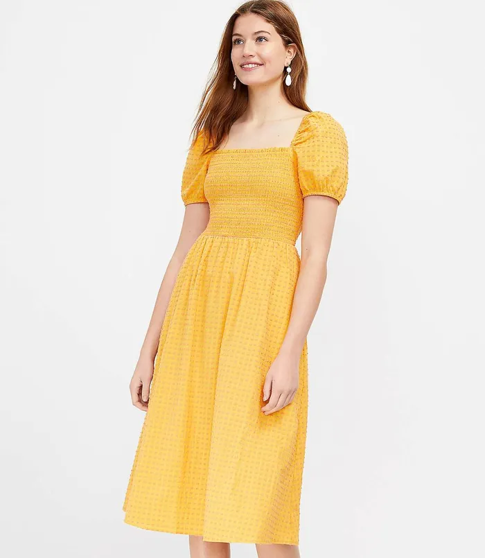 LOFT Clip Smocked Puff Sleeve Pocket Midi Dress Warm Papaya Women Work Dresses LOFT Clip Smocked Puff Sleeve Pocket Midi Dress Warm Papaya Women Work Dresses
