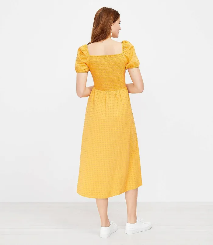 LOFT Clip Smocked Puff Sleeve Pocket Midi Dress Warm Papaya Women Work Dresses