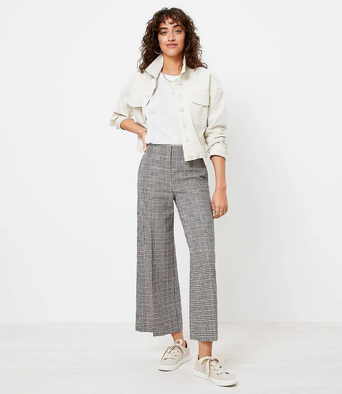 LOFT Curvy Wide Leg Crop Pants In Plaid Blackwhite Multi Women Pants