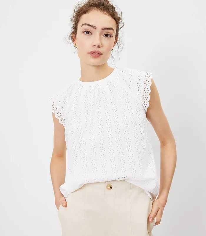 LOFT Eyelet Ruffle Sleeve Shell White Women Tops