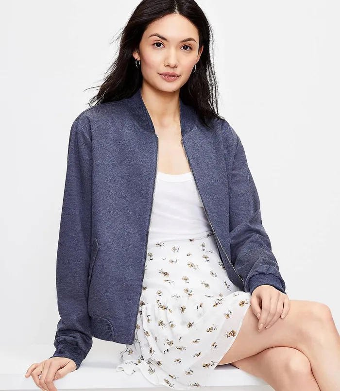 LOFT Knit Bomber Jacket Navy Melange Women Jackets and Blazers