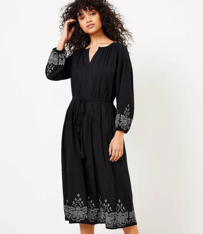 LOFT LOFT Beach Embroidered Blouson Midi Dress Black Women Swim and Beach