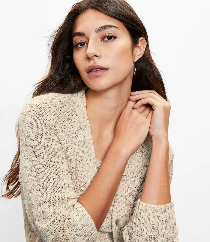 LOFT Marled Cropped Cardigan Neutral Marl Women Sweaters