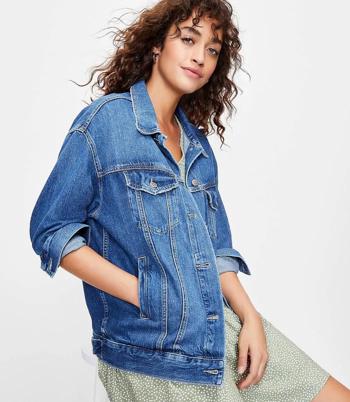 LOFT Oversized Denim Jacket Classic Mid Vintage Wash Women Jackets and Blazers