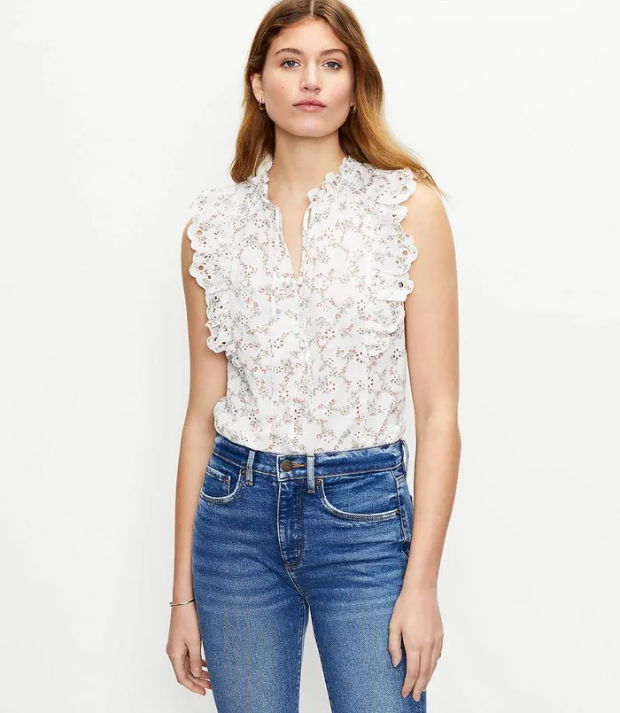 LOFT Petite Bouquet Split Neck Ruffle Shell Whisper White Women Petite Tops