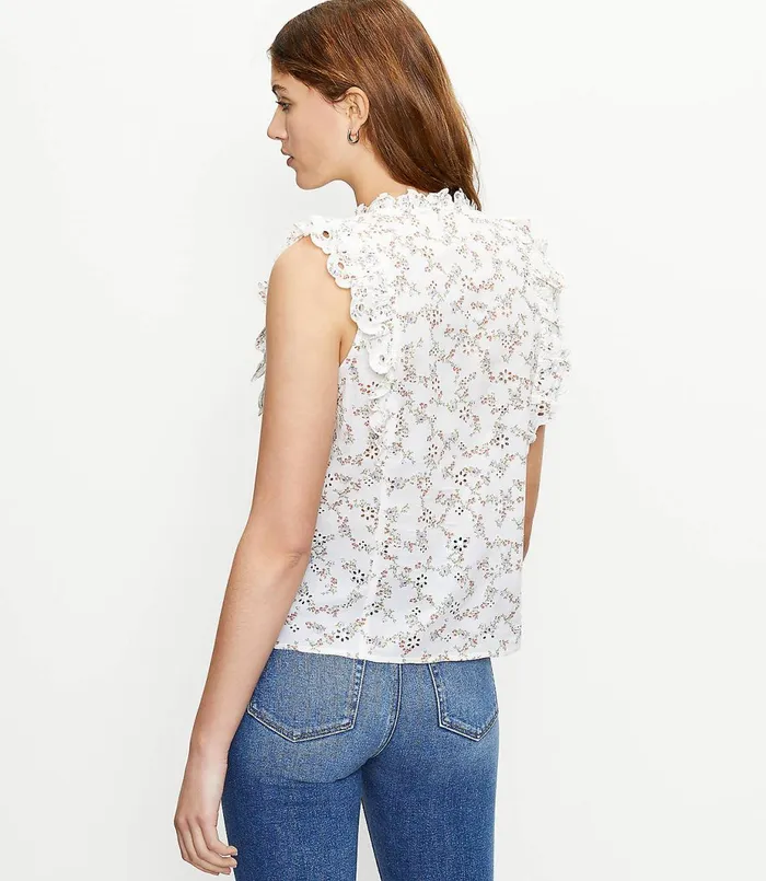 LOFT Petite Bouquet Split Neck Ruffle Shell Whisper White Women Petite Tops