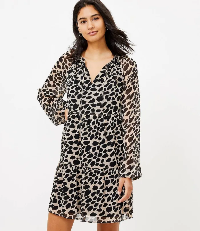LOFT Petite Cheetah Print Tiered Swing Dress Black Women Petite Dresses