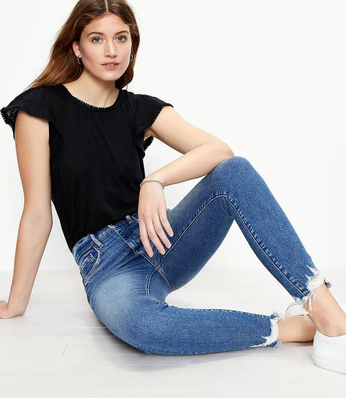 LOFT Petite Chewed Hem High Rise Skinny Ankle Jeans In Vivid Dark Indigo Wash Vivid Dark Indigo Wash Women Petite Jeans