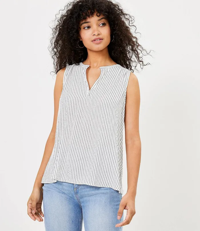 LOFT Petite Dotted Split Neck Mixed Media Shell Whisper White Women Petite Tops LOFT Petite Dotted Split Neck Mixed Media Shell Whisper White Women Petite Tops