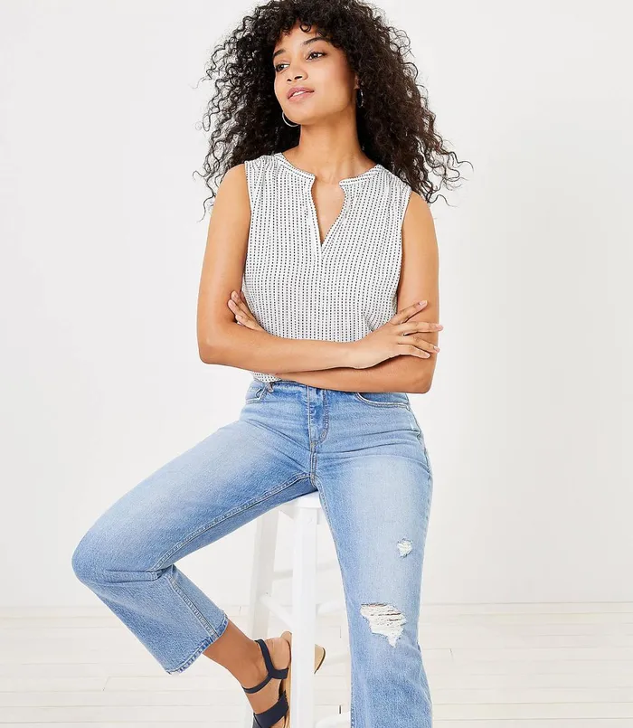 LOFT Petite Dotted Split Neck Mixed Media Shell Whisper White Women Petite Tops