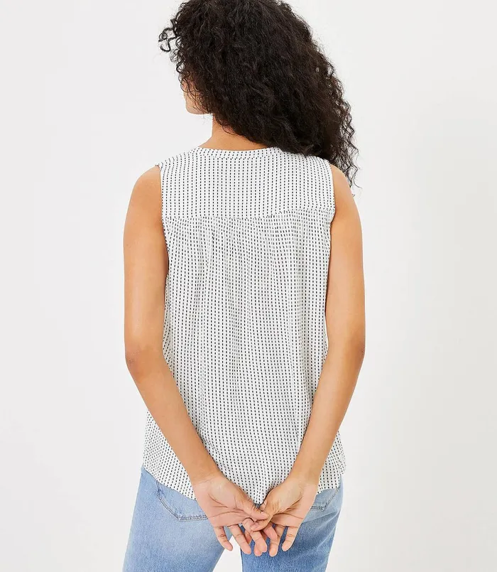 LOFT Petite Dotted Split Neck Mixed Media Shell Whisper White Women Petite Tops