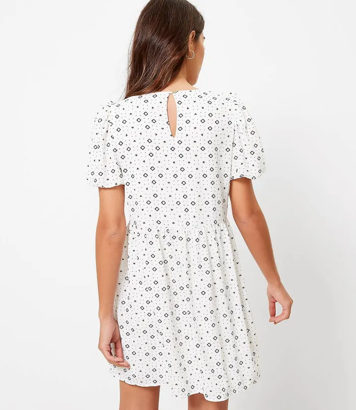 LOFT Petite Geo Puff Sleeve Swing Dress Whisper White Women Petite Dresses