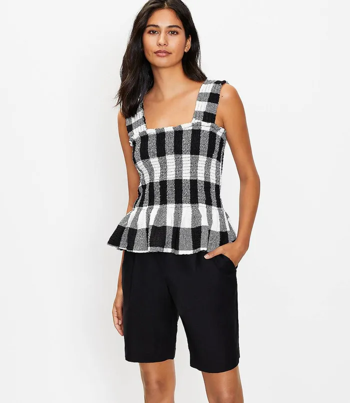 LOFT Petite Gingham Smocked Peplum Tank Top Black Women Petite Tops