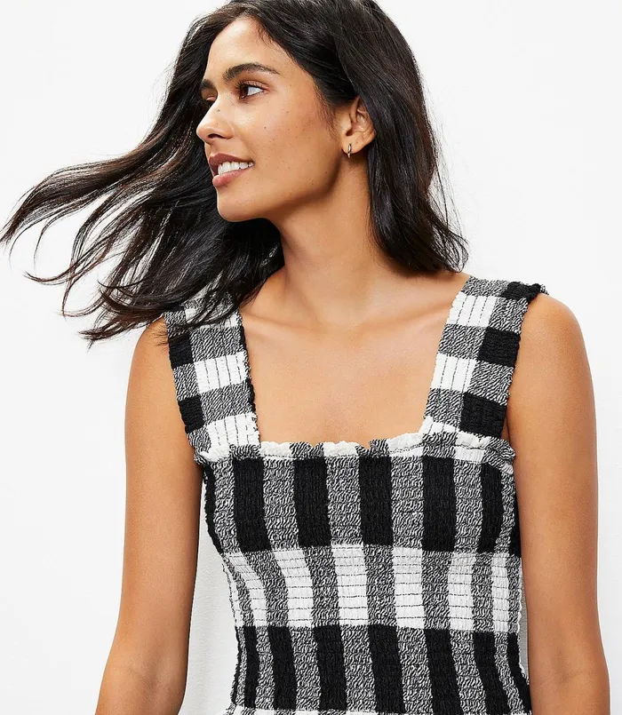 LOFT Petite Gingham Smocked Peplum Tank Top Black Women Petite Tops