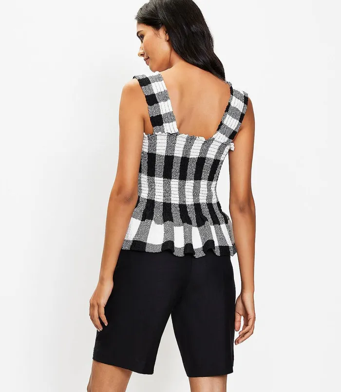LOFT Petite Gingham Smocked Peplum Tank Top Black Women Petite Tops