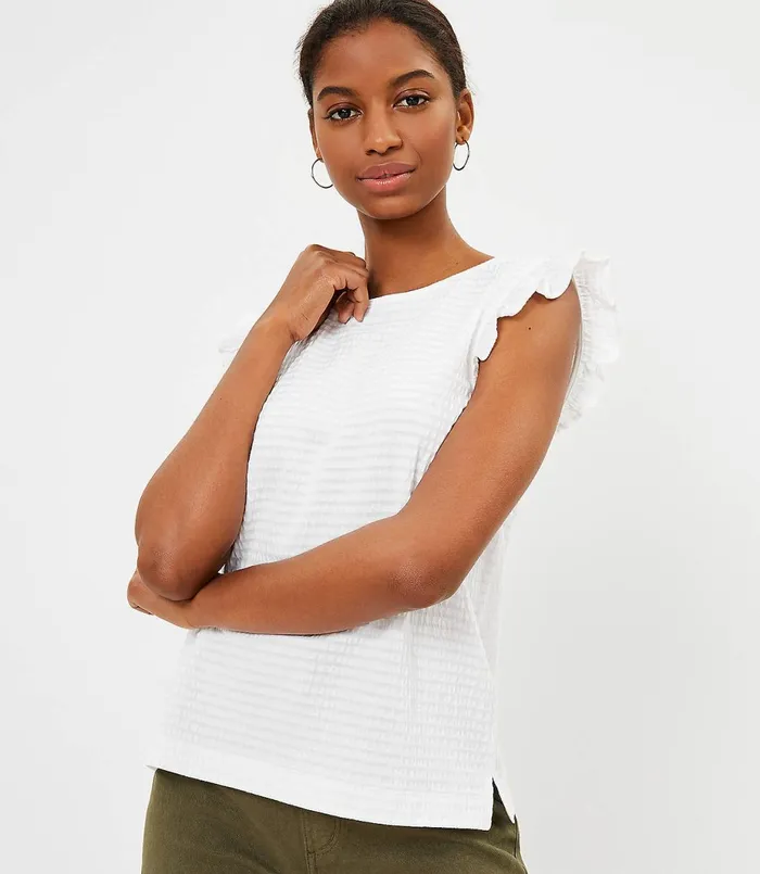 LOFT Petite Seersucker Ruffle Shell White Women Petite Tops