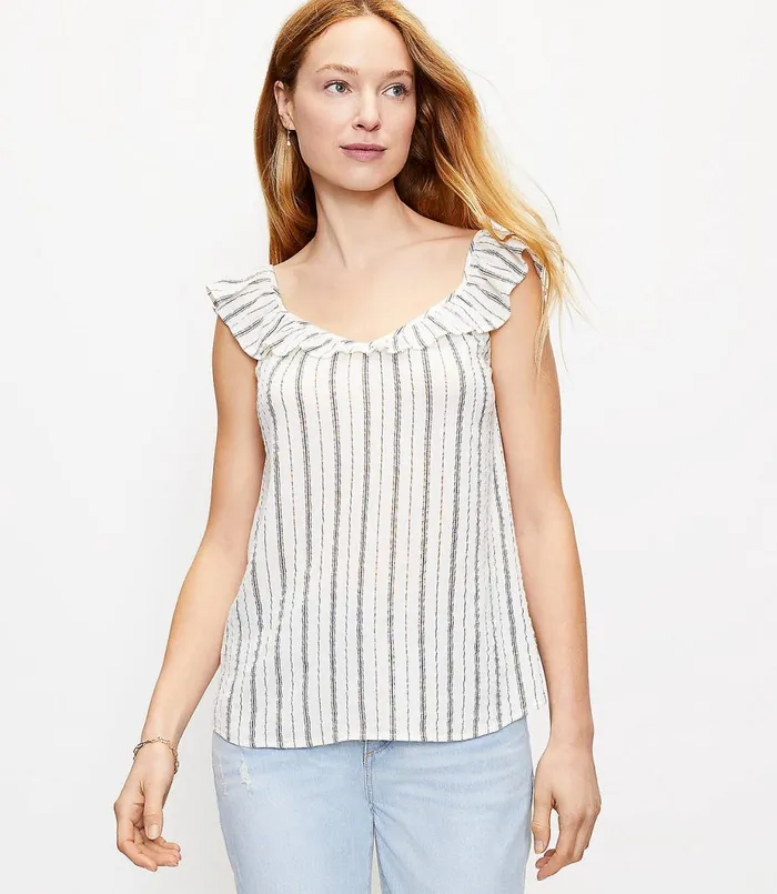 LOFT Petite Shimmer Stripe Ruffle VNeck Shell Whisper White Women Petite Tops