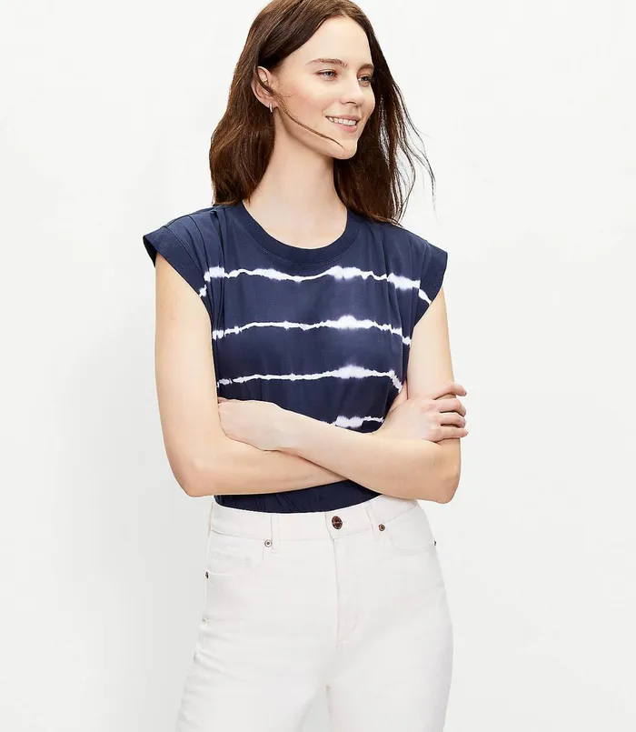 LOFT Petite Tie Dye Pleated Muscle Tee Forever Navy Women Petite Tees