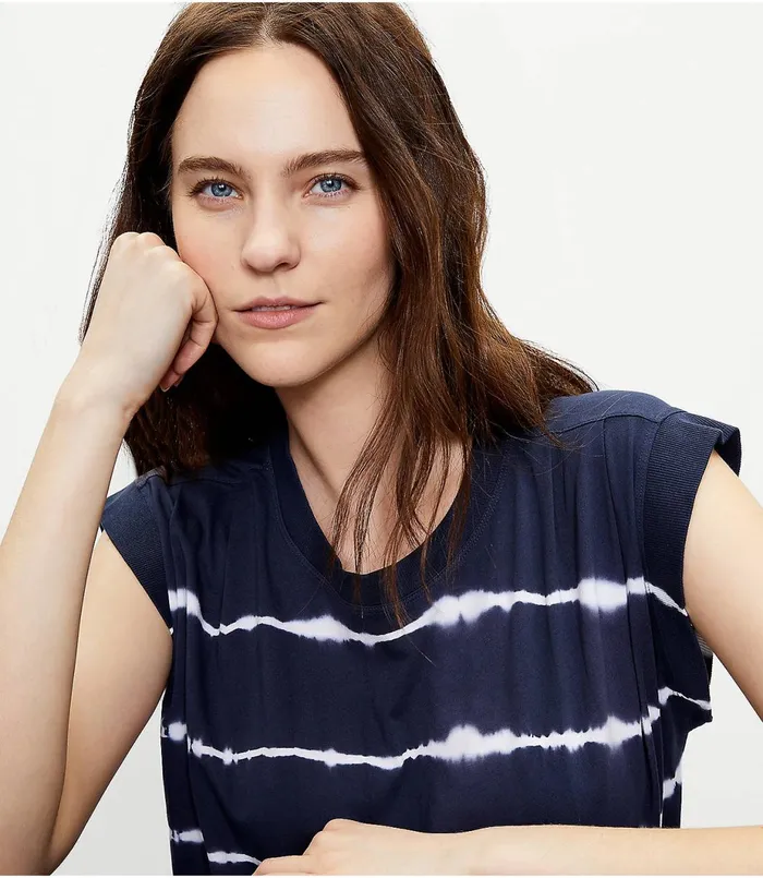 LOFT Petite Tie Dye Pleated Muscle Tee Forever Navy Women Petite Tees