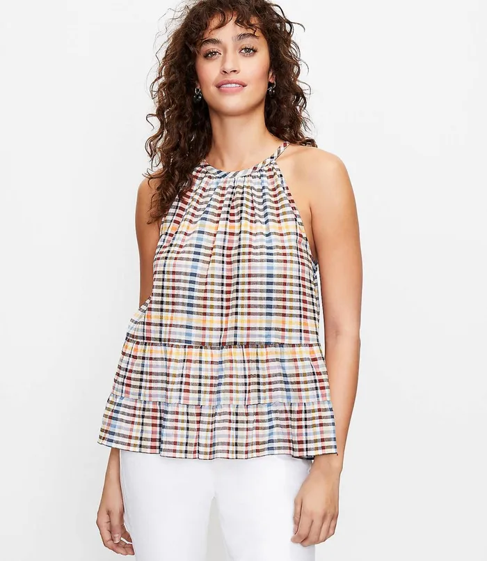 LOFT Plaid Tiered Halter Cami Whisper White Women Tops