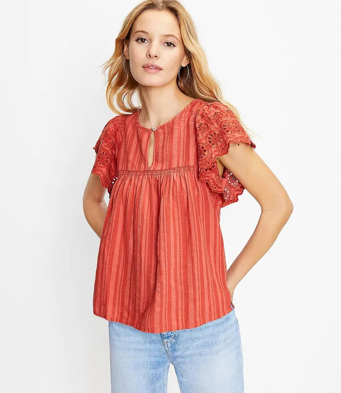 LOFT Scalloped Eyelet Top Coral Splash Women Petite Tops