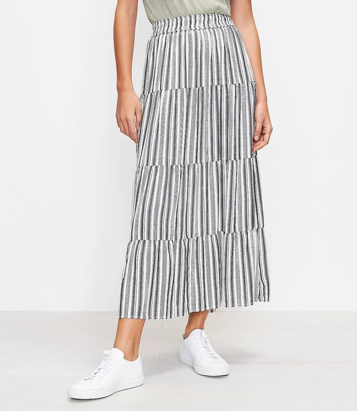 LOFT Striped Tiered Pull On Maxi Skirt Black Women Skirts