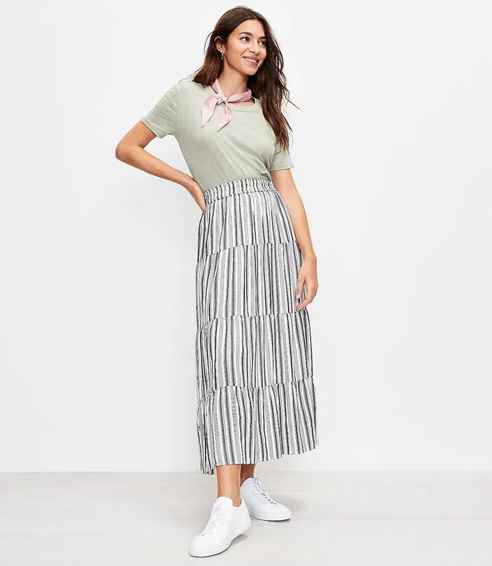 LOFT Striped Tiered Pull On Maxi Skirt Black Women Skirts