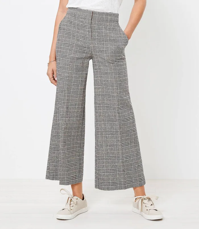 LOFT Wide Leg Crop Pants In Plaid Blackwhite Multi Women Pants