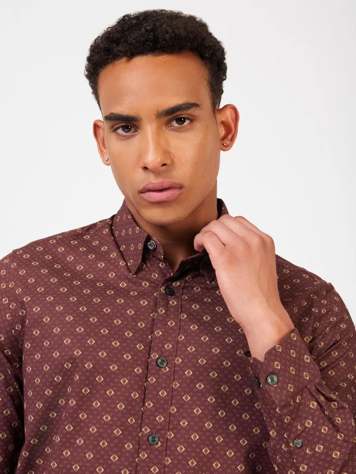 Men Ben Sherman Long Sleeve Shirts Signature Geo Print Shirt 8211 Aubergine