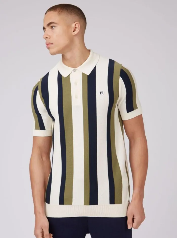 Men Ben Sherman Mod Knit Polos Stripe Knit Polo B By Sweater Polo Summer Polo Outfit Green Stripes Close Up