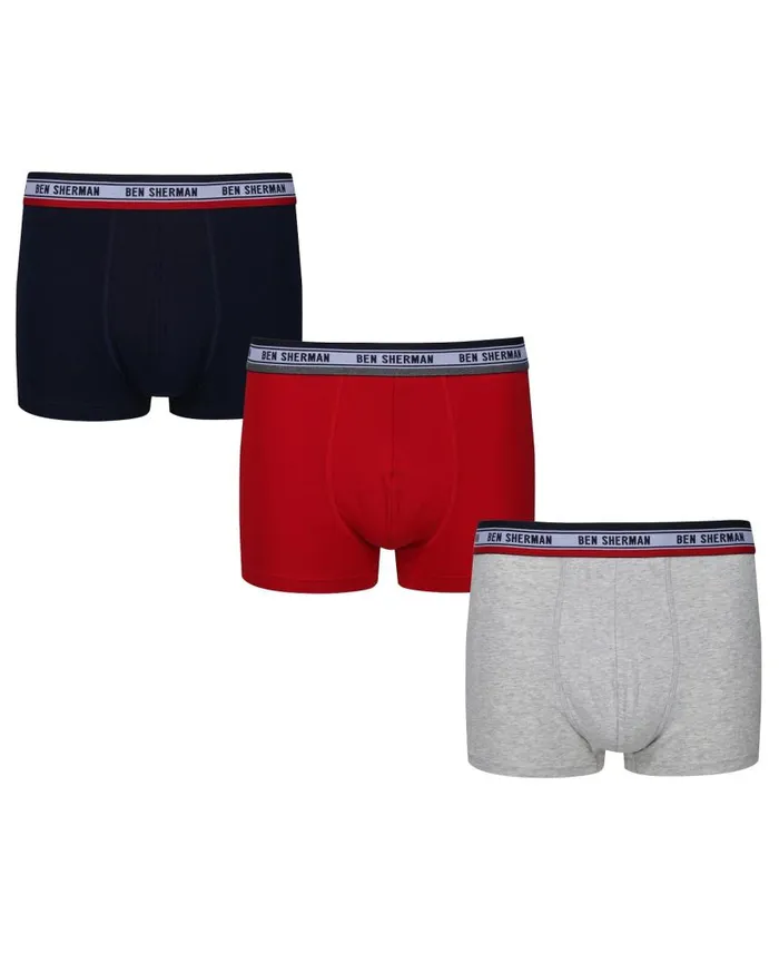 Men Ben Sherman Underwear Cosmo 3Pack Fitted NoFly BoxerBriefs 8211 NavyGrey MarlRed
