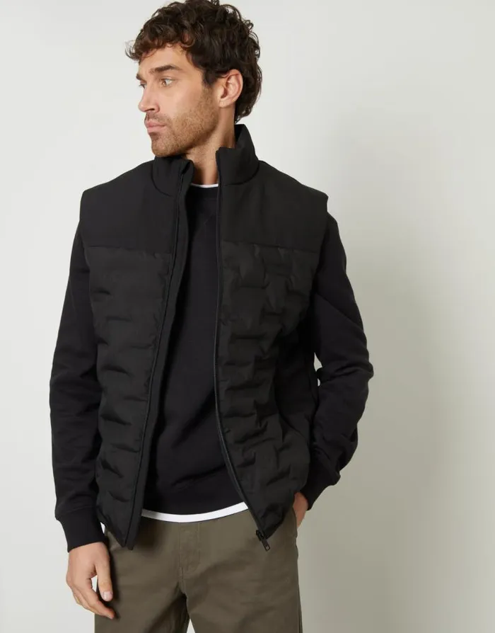 Men Black Quilted Panel Funnel Neck Gilet Threadbare Jackets