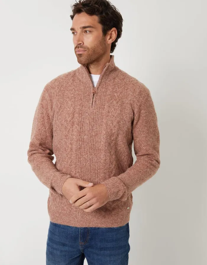 Men Brown Cable Knit Detail Quarter Zip Jumper Threadbare Jumpers
