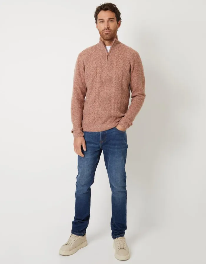 Men Brown Cable Knit Detail Quarter Zip Jumper Threadbare Jumpers Men Brown Cable Knit Detail Quarter Zip Jumper Threadbare Jumpers