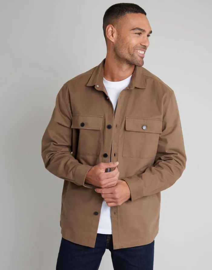 Men Brown Cotton Twill Button Up Shacket Threadbare Shirts
