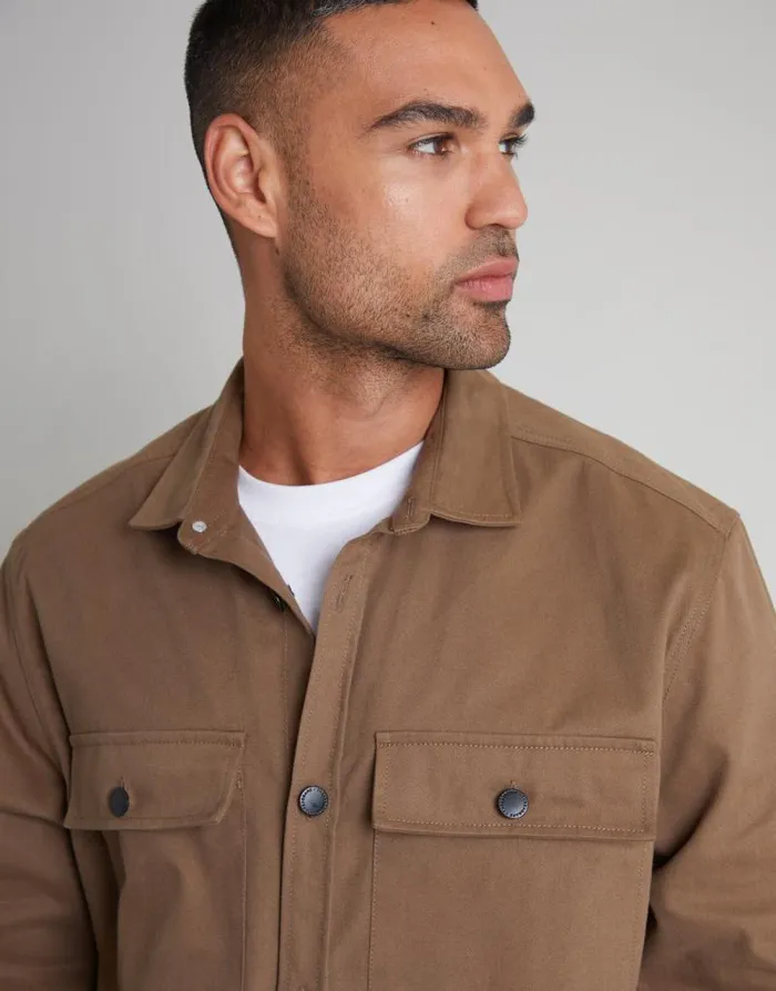 Men Brown Cotton Twill Button Up Shacket Threadbare Shirts