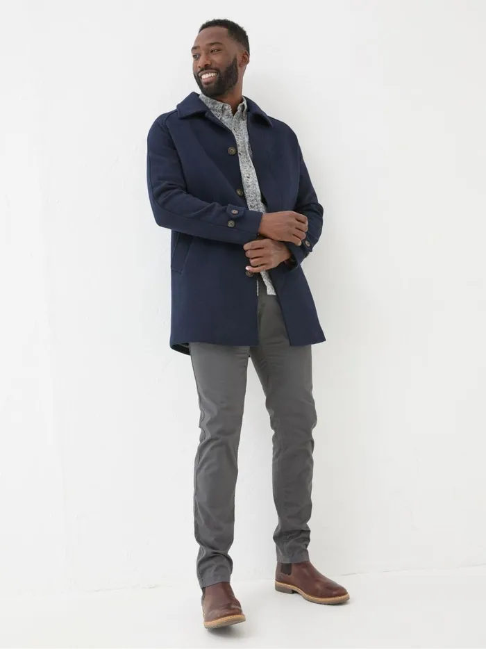Men Coats and Jackets Fat Face Pendeen Navy Blue Raglan Overcoat