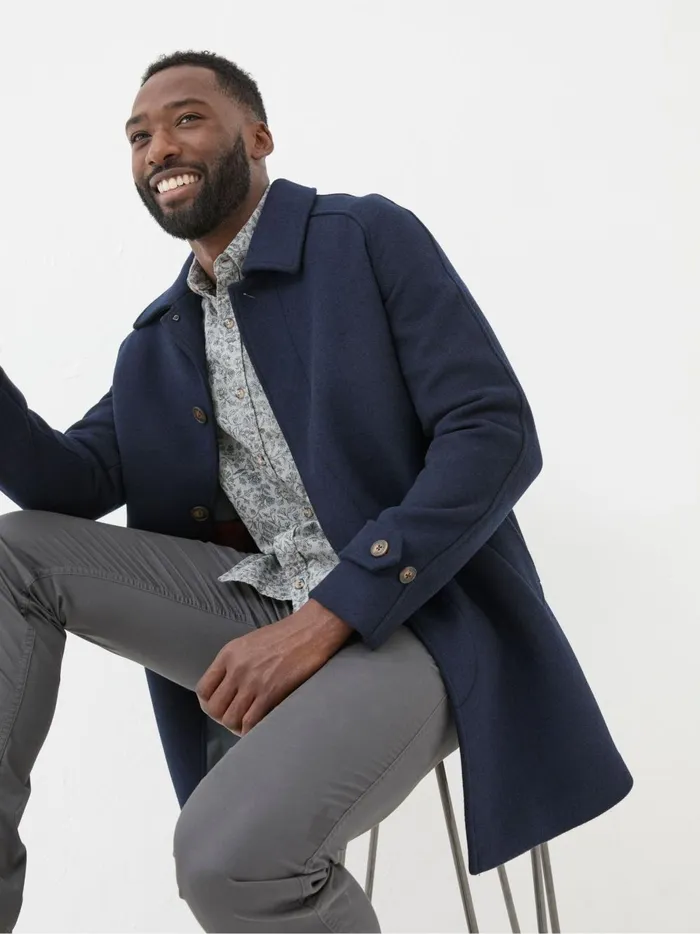 Men Coats and Jackets Fat Face Pendeen Navy Blue Raglan Overcoat