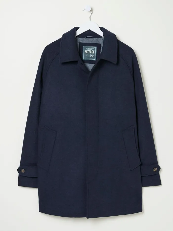 Men Coats and Jackets Fat Face Pendeen Navy Blue Raglan Overcoat