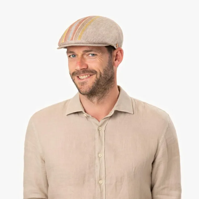 Men Flat Caps Mayser Jasper Stripes Linen Cap Beige