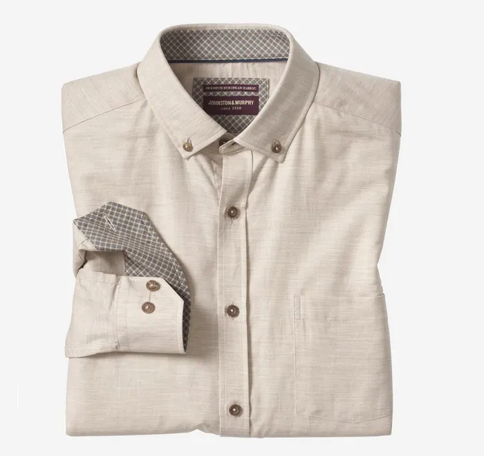 Men Heathered Shirt Tan Melange Twill JohnstonandMurphy Shirts