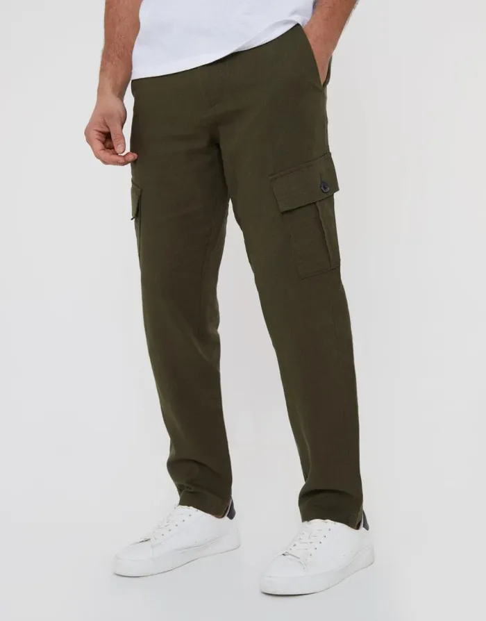 Men Khaki Linen Blend Cargo Trousers Threadbare Cargo