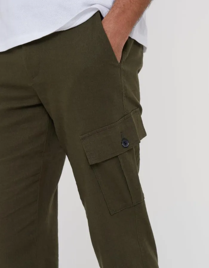 Men Khaki Linen Blend Cargo Trousers Threadbare Cargo Men Khaki Linen Blend Cargo Trousers Threadbare Cargo